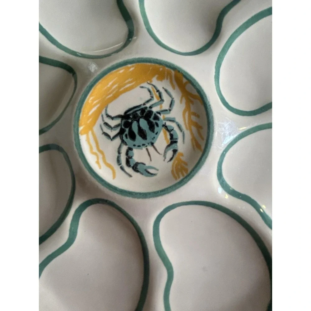 Henriot Quimper Hand Painted Ceramic Crab motif Oyster Plate holding 24 oysters